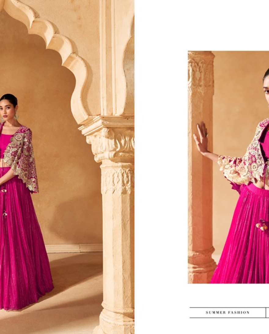 5604 - PINK CROP TOP VISCOS JACQUARD SKIRT FRONT AND BACK EMBROIDERED WITH CANCAN 